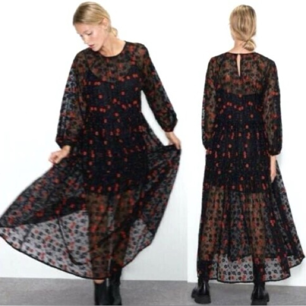ZARA BLACK SHEER EMBROIDERED RED FLORAL MAXI DRESS